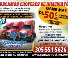 Chofer de Camion Gemcap Trucking Miami Florida Estados Unidos